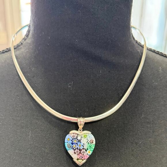 Vintage 925 Millefiori Heart Pendant Necklace Sterling Italy Glass Alan K Signed - Picture 8 of 15